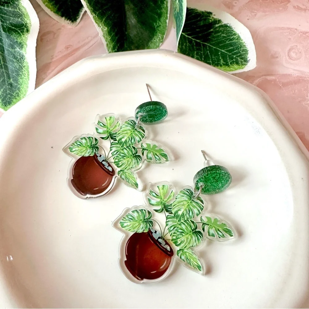 2/$30🌵 Monstera Leaf Potted Plant Earrings Acrylic Jewelry Plant Lady NEW